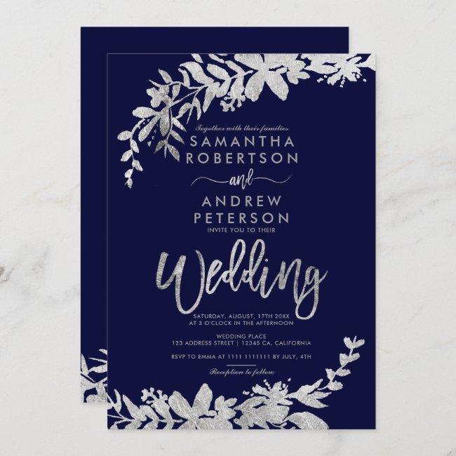 Silver Typography Floral Navy Blue Chic Wedding