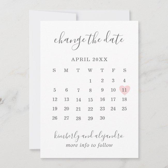 Simple Calendar Pink Heart Wedding Change The Date Announcement