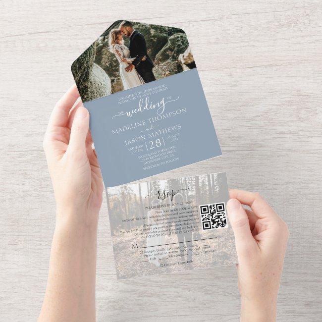 Simple Dusty Blue 2 Photo Qr Code Rsvp Wedding All In One