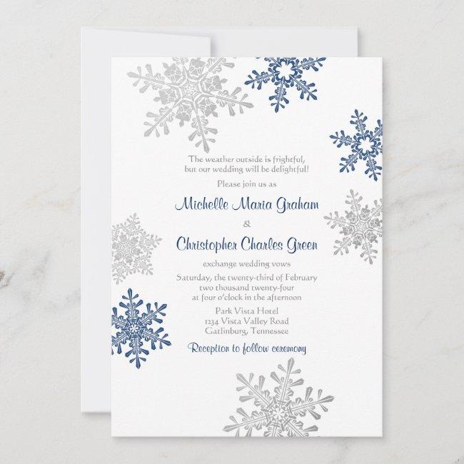 Simple Navy Blue Silver Winter Snowflake Wedding