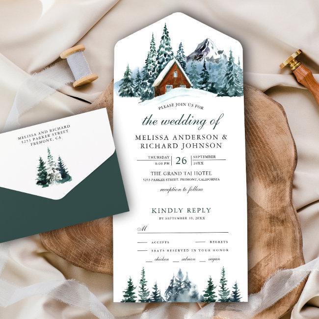 Snowy Winter Mountain Forest Cabin Lodge Wedding All In One