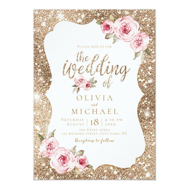 Sparkle Gold Glitter And Pink Floral Wedding