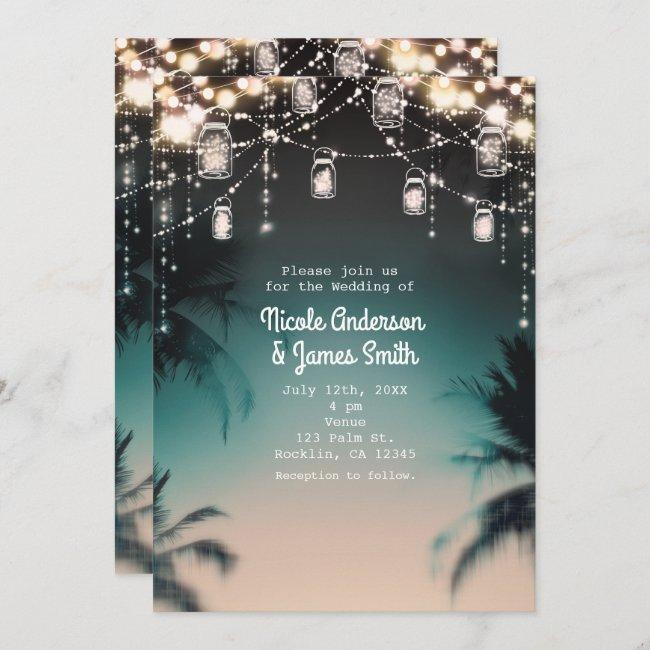 Sparkling Lights Palm Trees Elegant Beach Wedding
