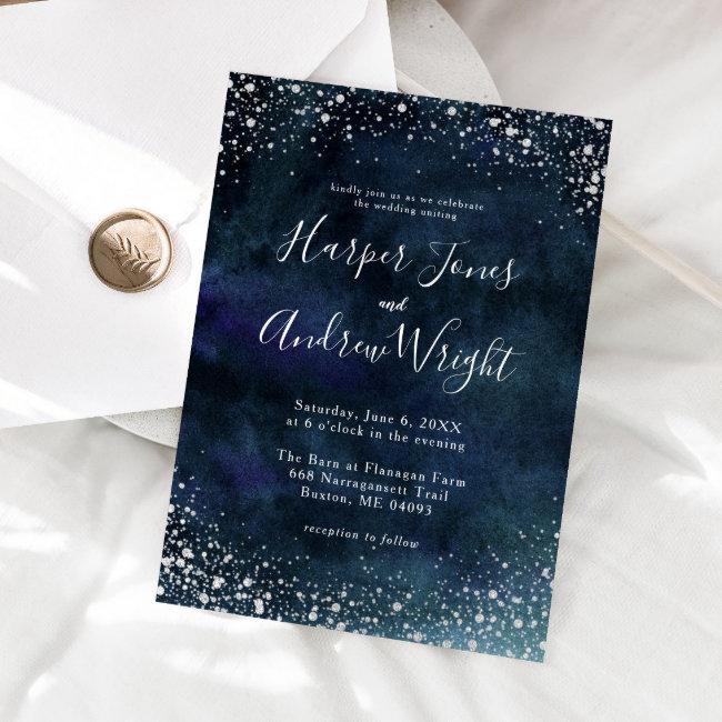 Starry Night Navy Blue Silver Glitter Wedding