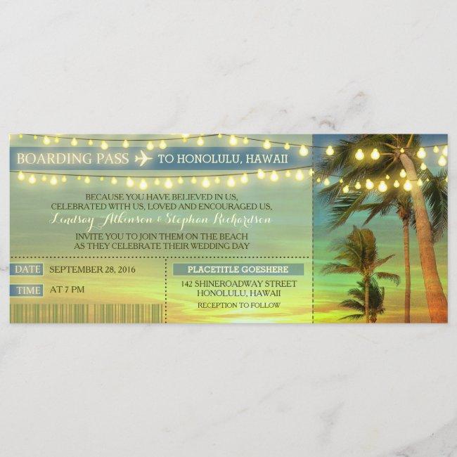 String Lights Palms Wedding Boarding Pass Tickets