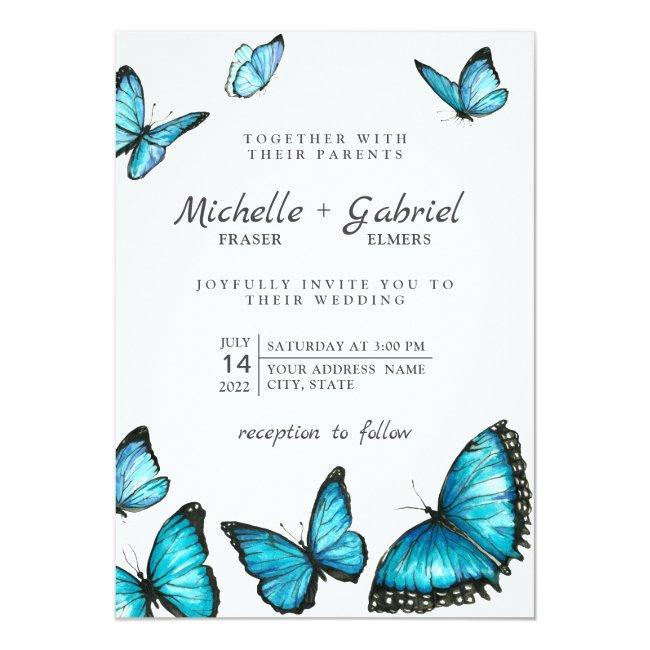 Stylish Blue Watercolor Butterflies Modern Wedding