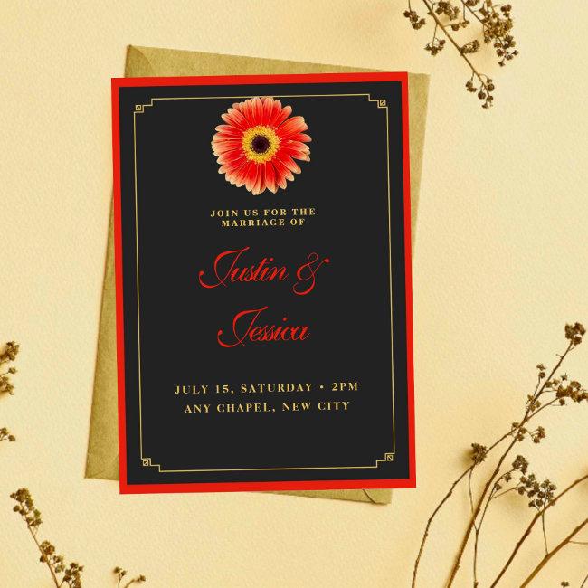 Stylish Gerbera Daisy Red And Gold Accents Wedding