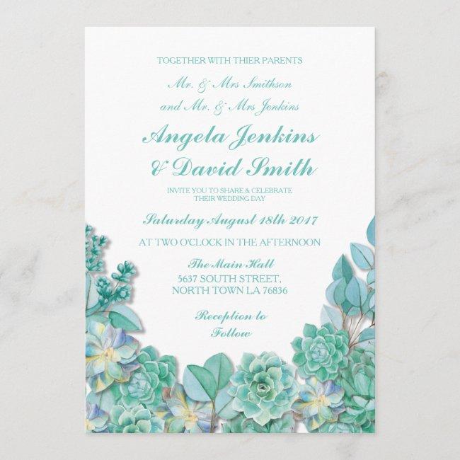 Succulents Floral Wedding Rustic White Teal Invite