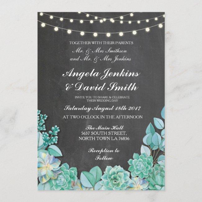 Succulents Wedding Rustic Chalk Lights Teal Invite