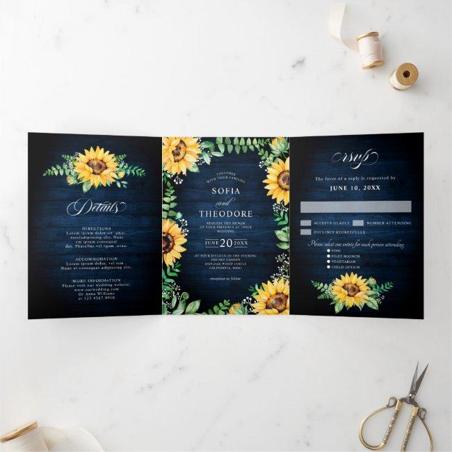 Sunflower Baby's Breath Navy Blue Floral Wedding Tri-fold Announcement