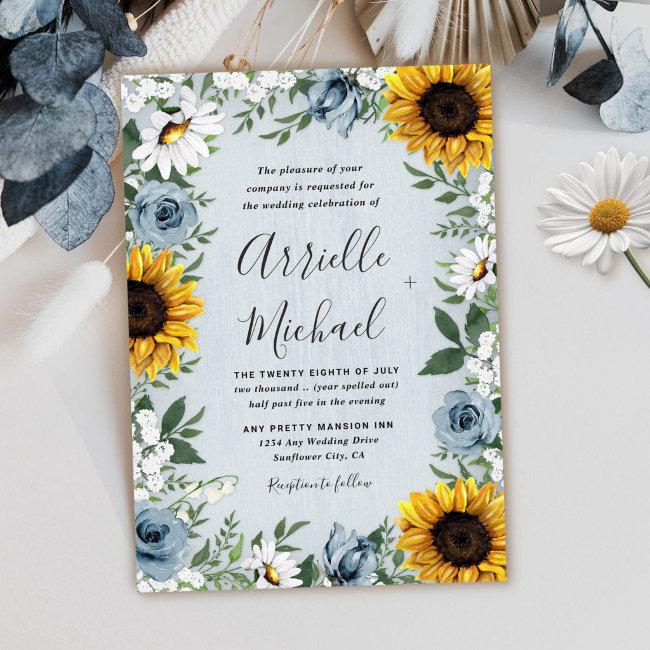 Sunflower Dusty Blue Country Rustic Roses Wedding
