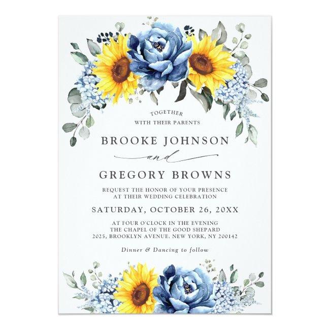 Sunflower Dusty Blue Slate Peony Floral Wedding