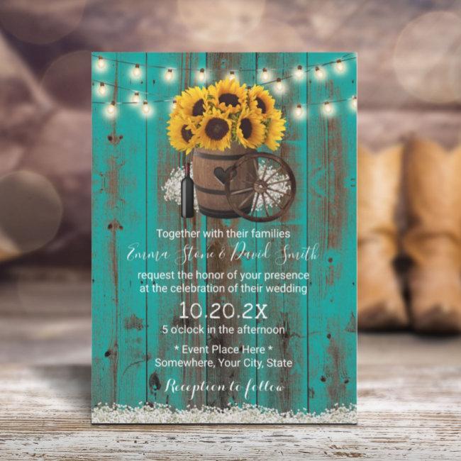 Sunflower Teal Barn Wood Barrel Rustic Wedding