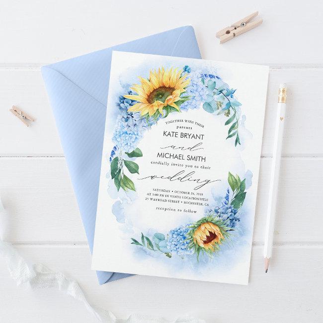 Sunflowers And Dusty Blue Hydrangea Floral Wedding