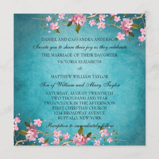 Teal Blue Pink Japanese Cherry Blossoms Wedding