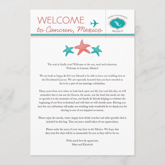Teal Coral Starfish Mexico Wedding Welcome