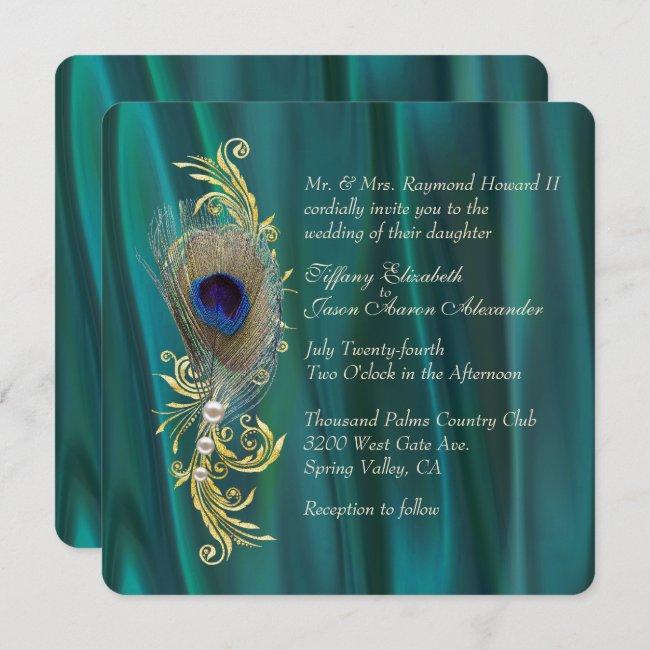 Teal Satin And Peacock Feather Wedding
