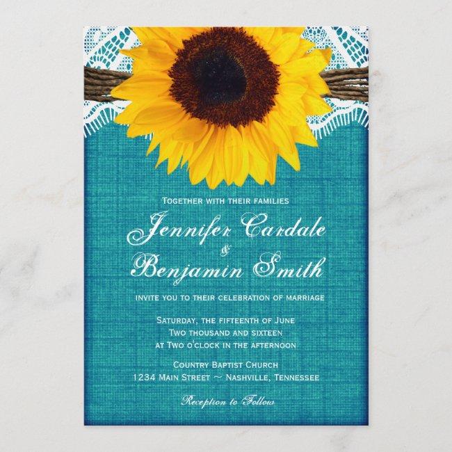 Teal Sunflower Rustic Country Wedding Invites