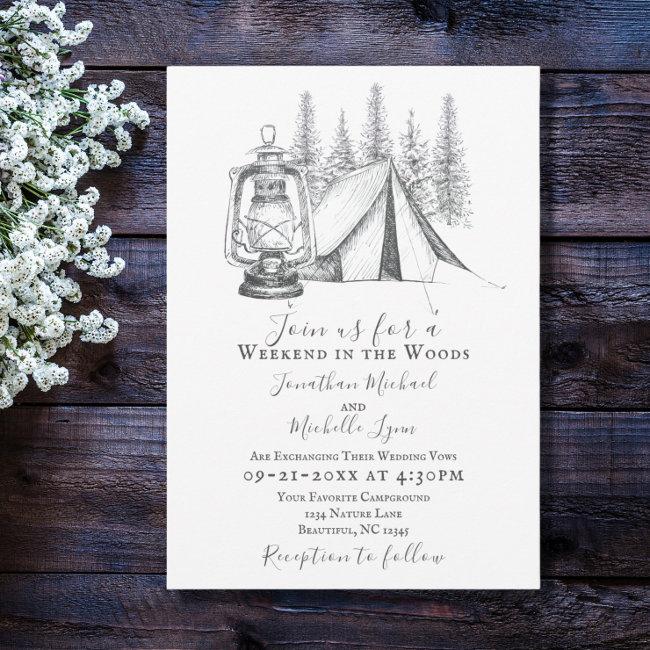 Tent, Lantern And Woodland Sketch Camping Wedding