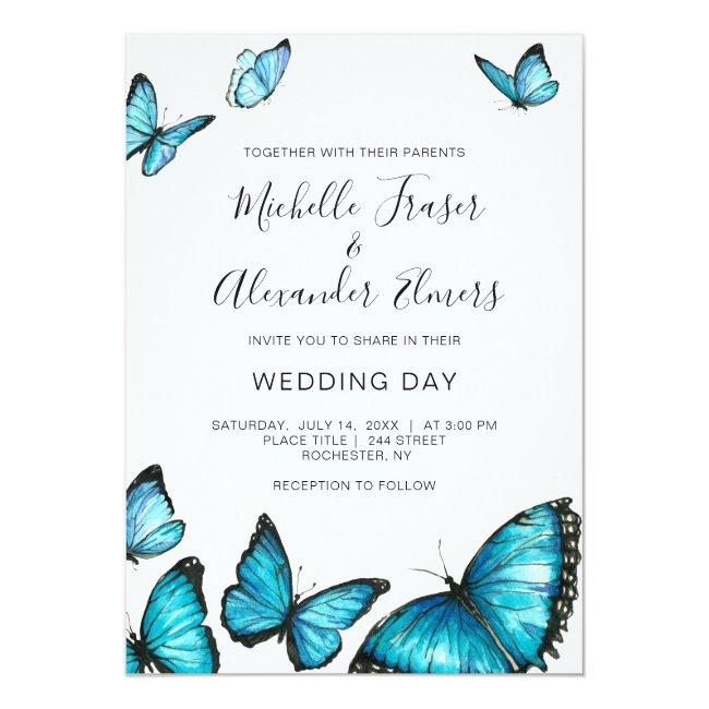 Trendy Blue Watercolor Butterflies. Modern Wedding