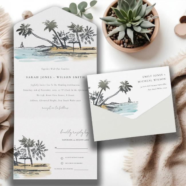 Tropical Beach Palm Tree Sketch Watercolor Wedding All In One