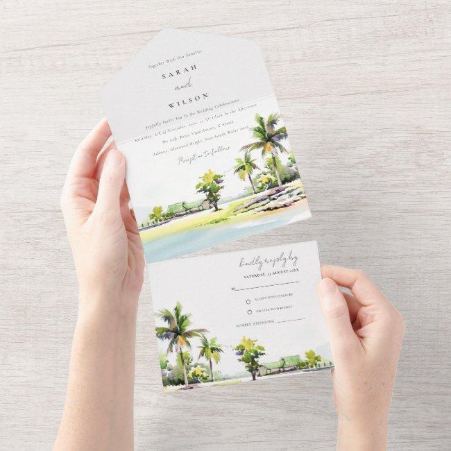 Tropical Beach Palm Tree Watercolor Wedding All In One