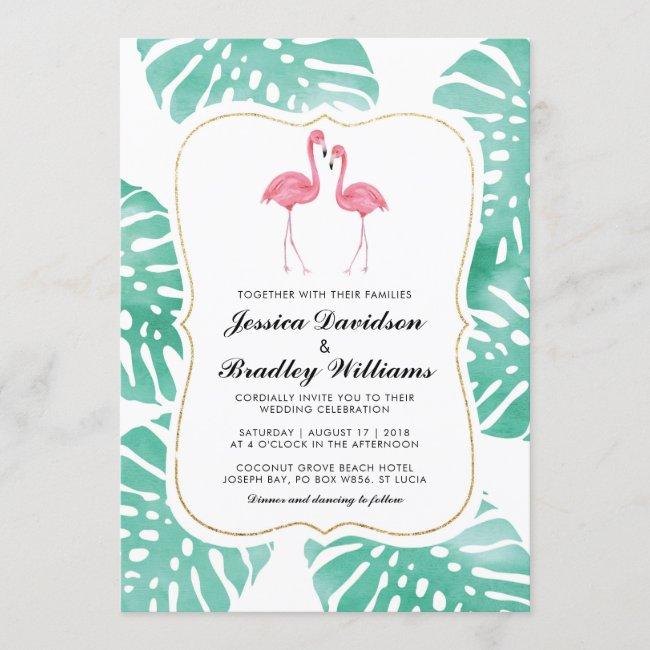 Tropical Flamingo Couple Beach Destination Wedding