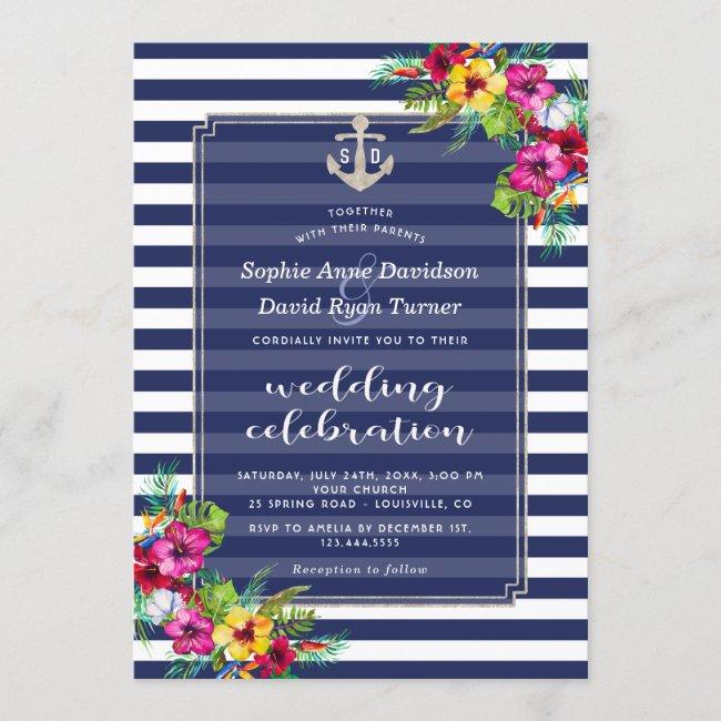 Tropical Floral Luau Navy Blue Stripes Wedding