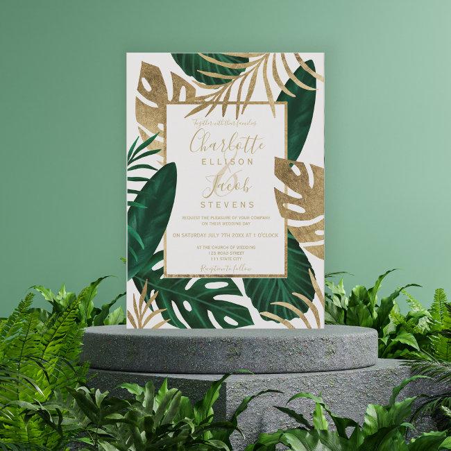 Tropical Gold Green Leaf Watercolor Script Wedding