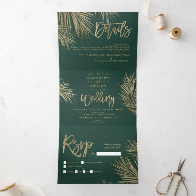 Tropical Green Gold Palm Tree Elegant Wedding Tri-fold