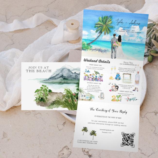 Tropical Ocean Beach | Illustrated Wedding Tri-fold