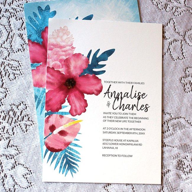 Tropical Pink Hibiscus Turquoise Ferns Wedding