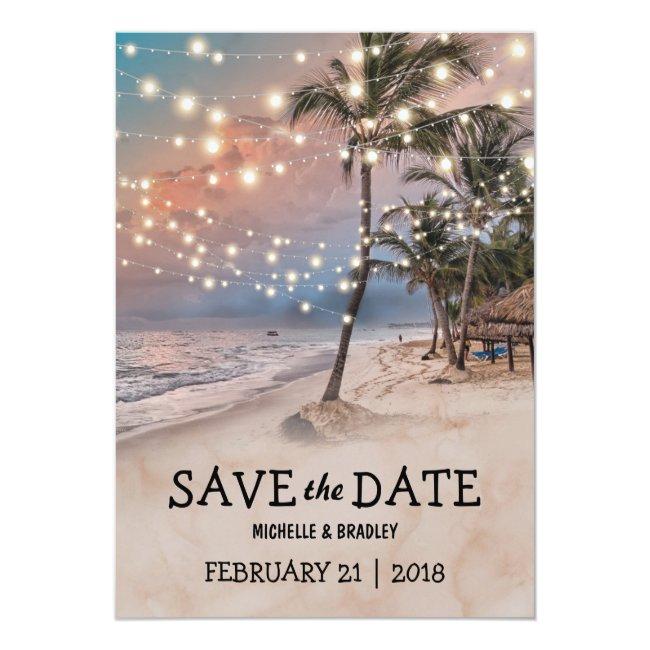 Tropical Vintage Beach Lights Save The Date Announcement Post