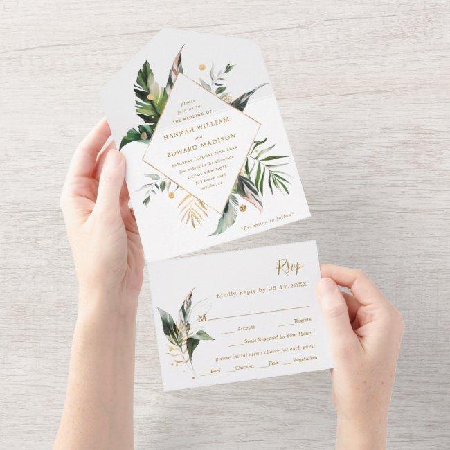 Tropical Watercolor Foliage Gold Wedding All In One