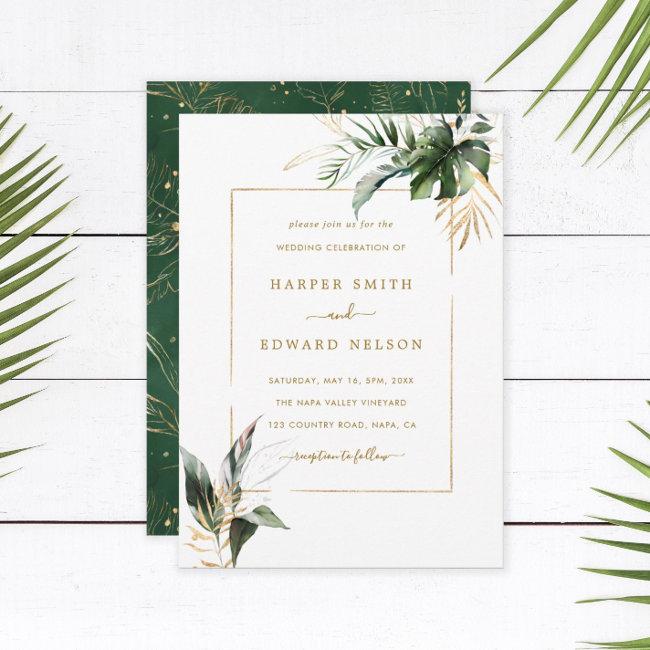 Tropical Watercolor Leaves Gold Frame Wedding