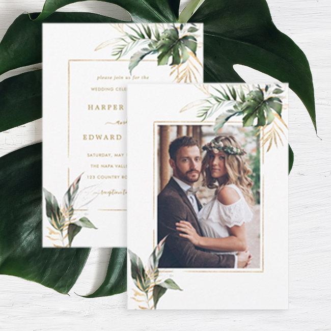 Tropical Watercolor Leaves Gold Wedding Photo