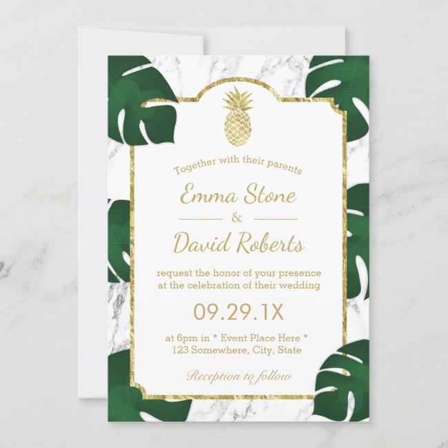 Tropical Wedding Gold Pineapple White Marble