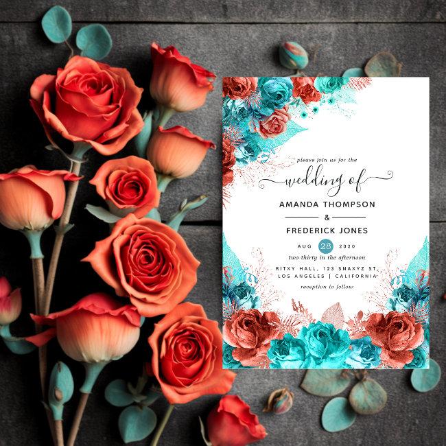 Turquoise And Coral Rustic Floral Wedding