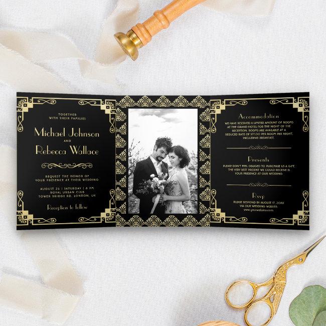 Vintage Art Deco Style Black And Gold Wedding Tri-fold