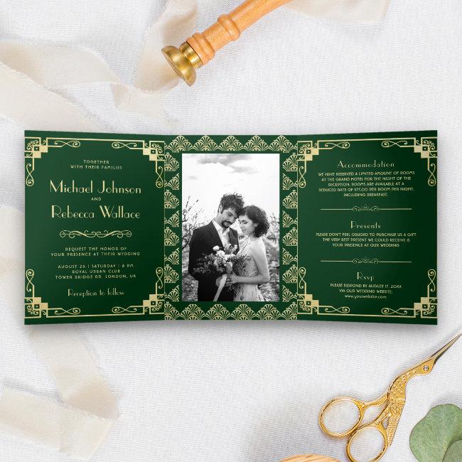 Vintage Art Deco Style Green And Gold Wedding Tri-fold