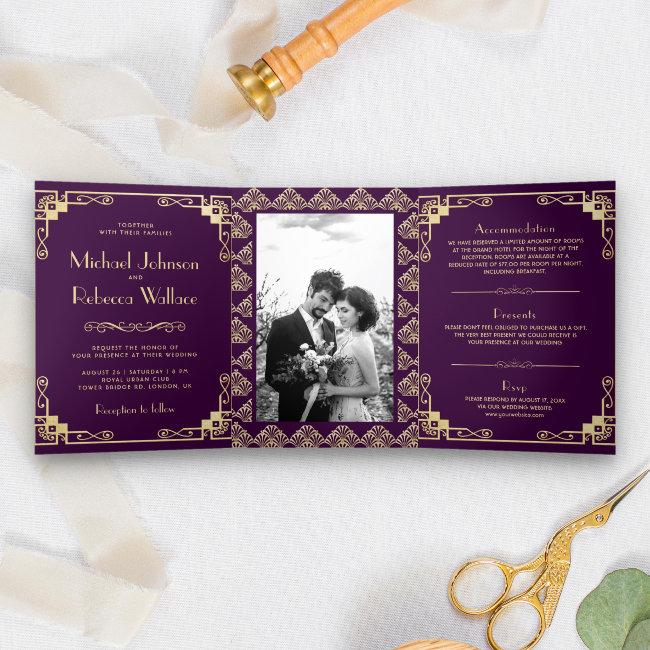 Vintage Art Deco Style Purple And Gold Wedding Tri-fold