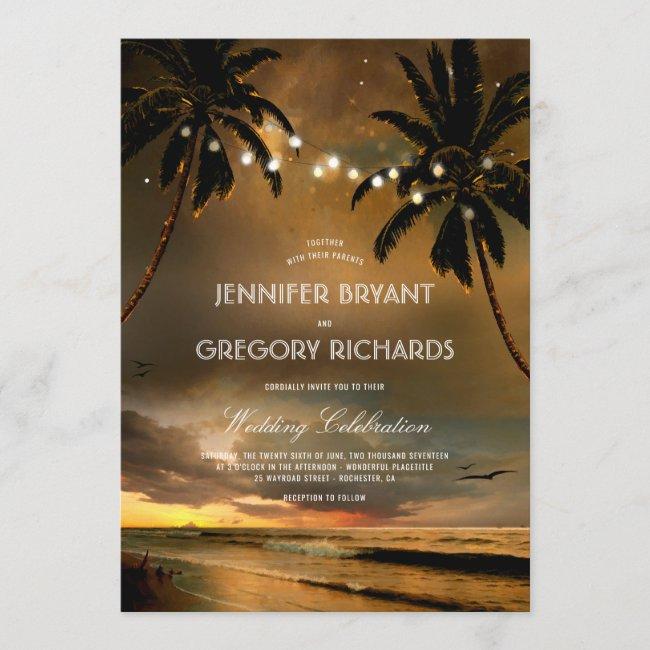 Vintage Beach Sunset | String Lights Palms Wedding
