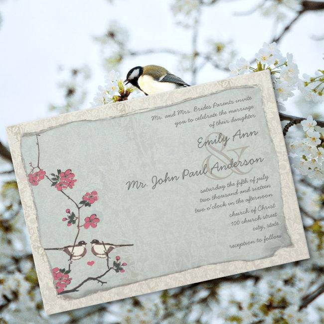 Vintage Cherry Blossom Chickadee Damask Wedding