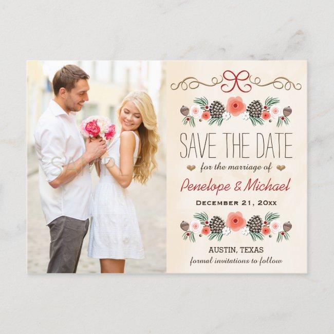 Vintage Christmas Pine Cone Save The Date Announcement Post