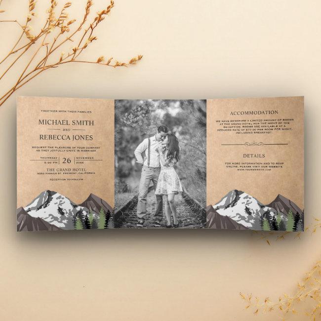 Vintage Rustic Kraft Mountain Forest Photo Wedding Tri-fold