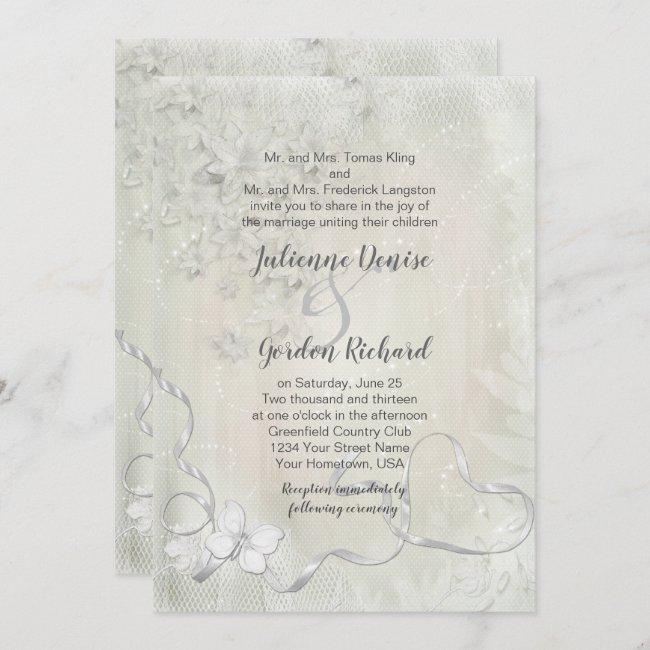 Vintage White On White Floral Butterfly Wedding