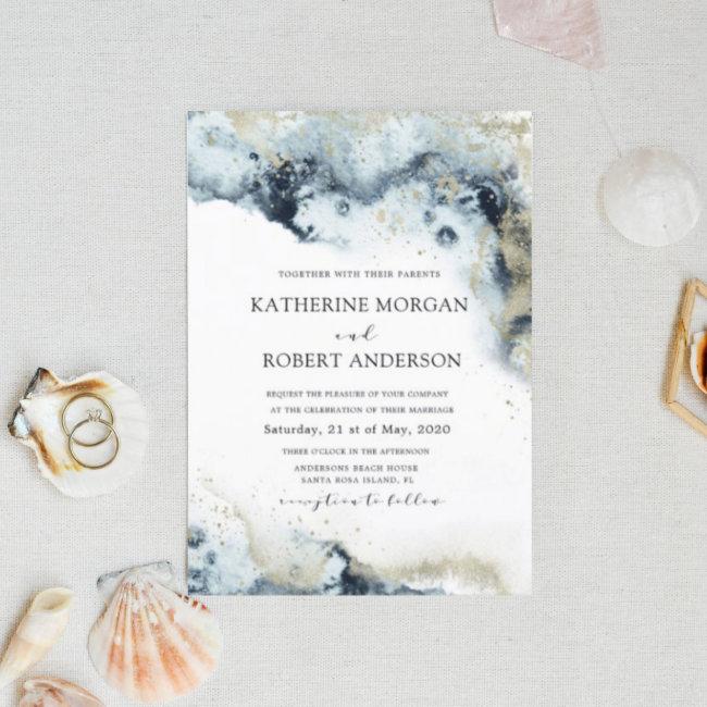Watercolor Blue And Gold Minimalistic Wedding