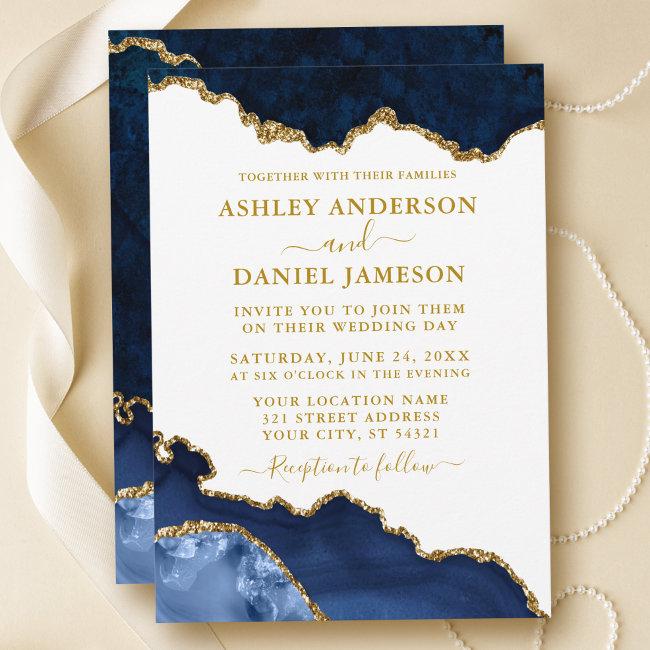 Watercolor Blue White Gold Marble Geode Wedding