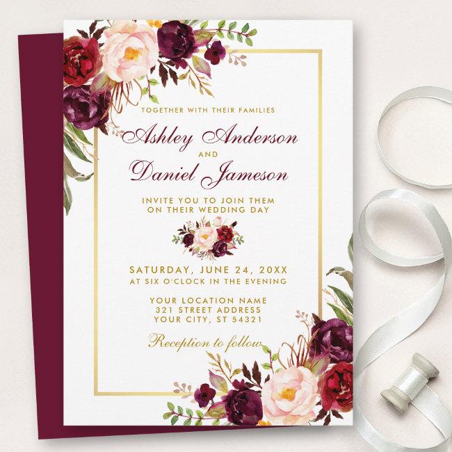 Watercolor Burgundy Floral Gold Wedding