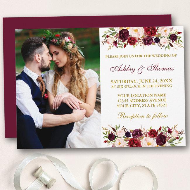 Watercolor Floral Burgundy Gold Photo Wedding
